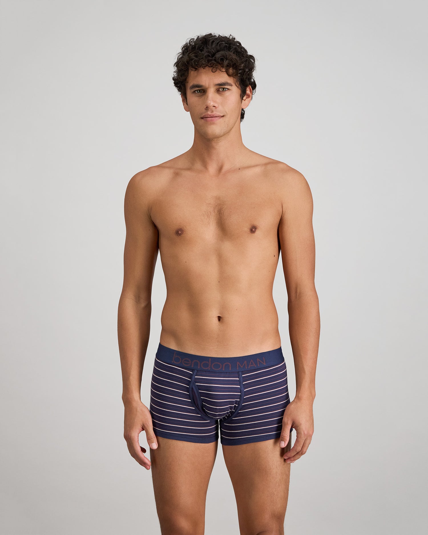 Bold Stripe Mens Trunk in PEACOAT/PLUM STRIPE. Feature shot