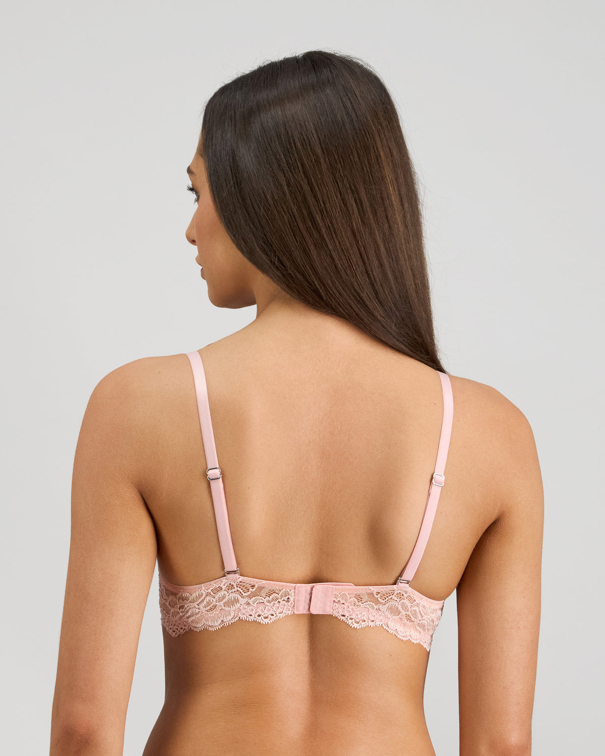 Model wears My Fit Lace Push Up Bra in EVENING SAND. On body back view