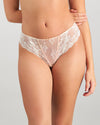 Model wears Sofia Thong in CAMEO. On body front view