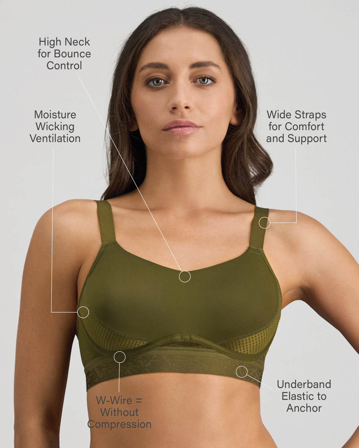 Model wears Bendon Breathe Contour Bra in DARK OLIVE/PINK. On body front view
