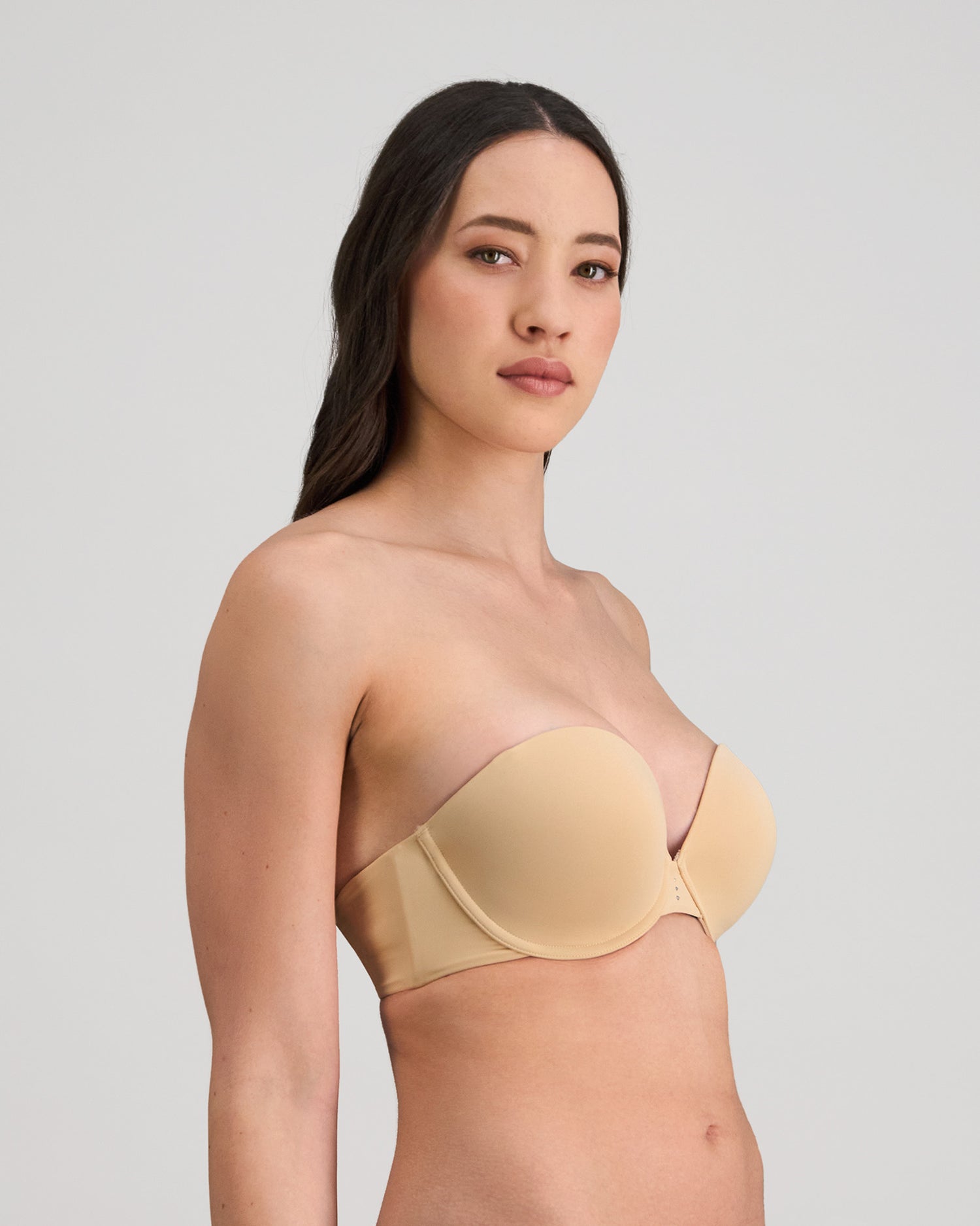 Model wears My Fit Smooth Strapless Bra in FRAPPE. On body side view