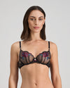 Model wears Niara Underwire Bra in BLACK/BEAUJOLAIS. On body front view