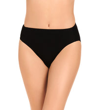 Model wears Freestyle High Cut Brief in BLACK. On body front view