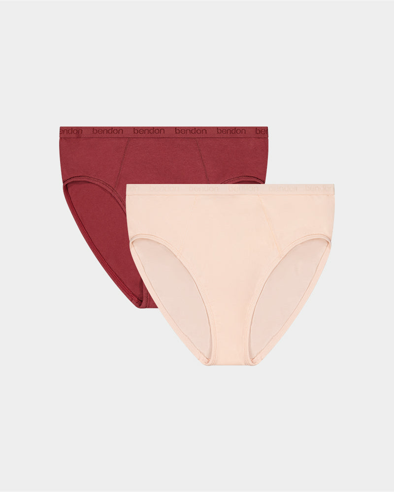 Body Cotton High Cut Brief Twin Pack in OXBLOOD RED/PEARL BLUSH. Flat lay front view