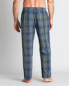 Model wears Lounge Long PJ Pant in ALOE CHECK. On body back view