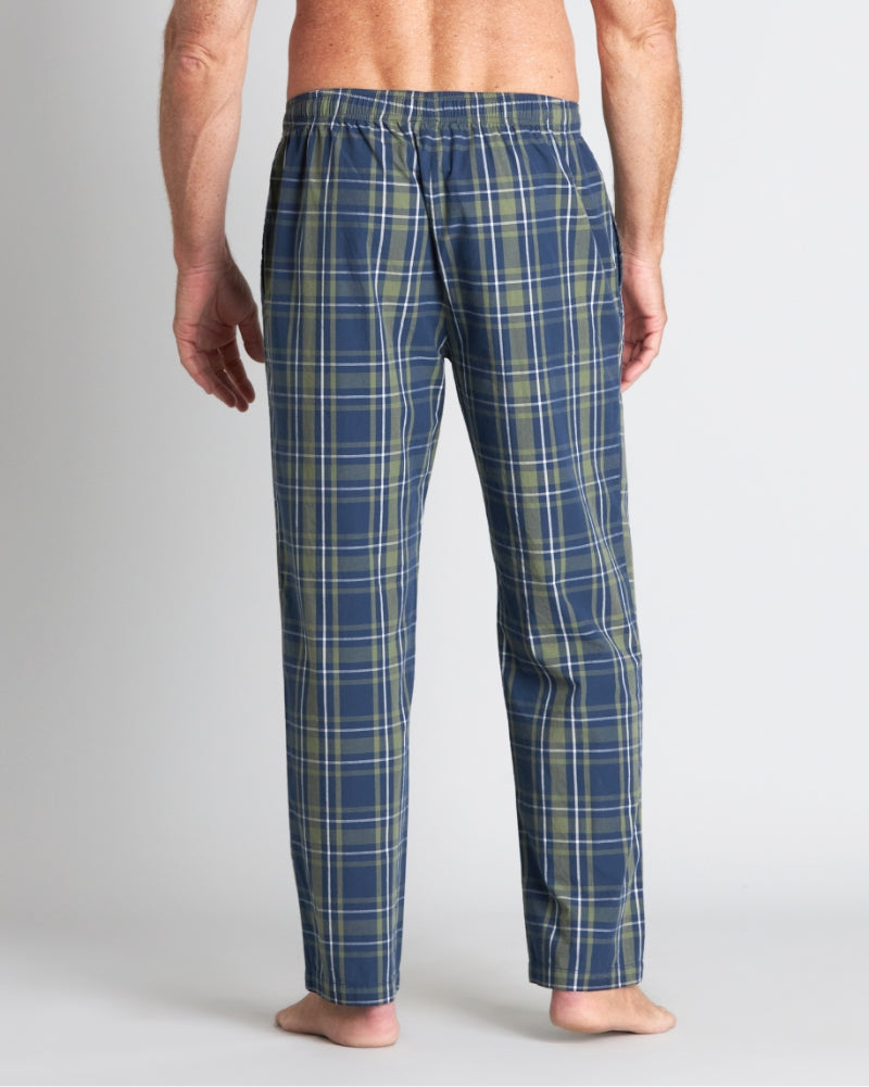 Model wears Lounge Long PJ Pant in ALOE CHECK. On body back view