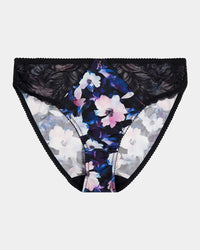 Hypnotise High Cut Brief in BLACK FLORAL PRINT. Flat lay front view