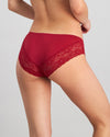 Model wears Lace Trim Brazilian in BIKING RED. On body back view