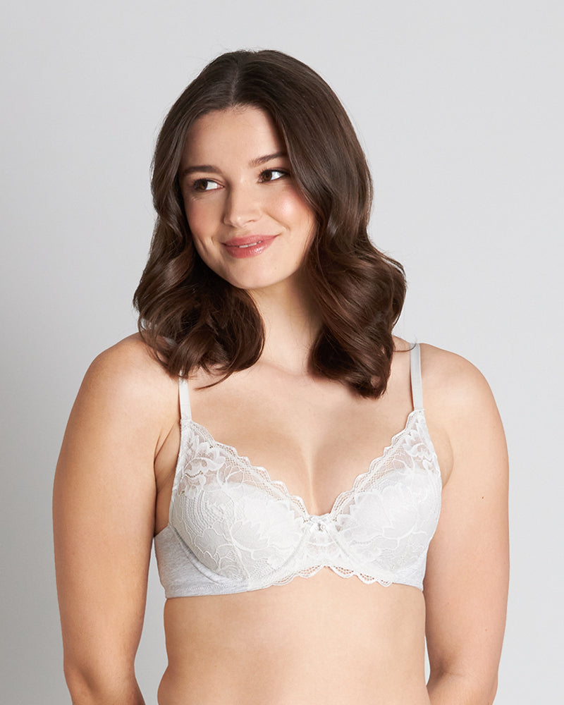 Model wears Embrace Contour Bra in LUNAR ROCK MARLE. On body front view