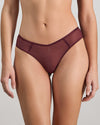 Model wears Sheer Impact Brazilian in FIG. On body front view