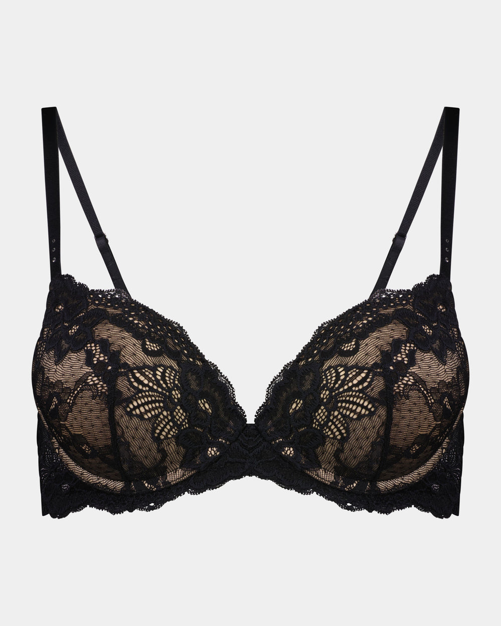 My Fit Lace Push Up Bra in BLACK. Flat lay front view