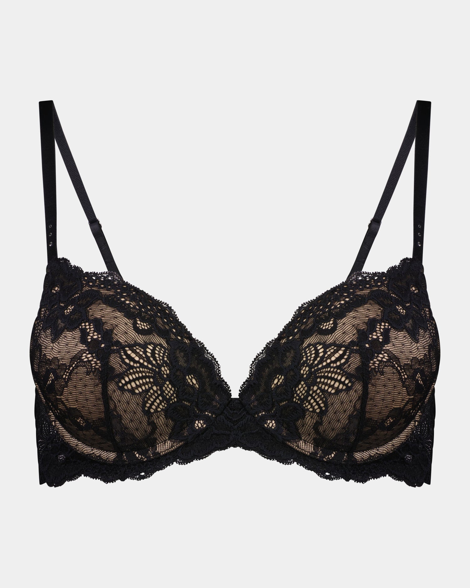 My Fit Lace Push Up Bra in BLACK. Flat lay front view