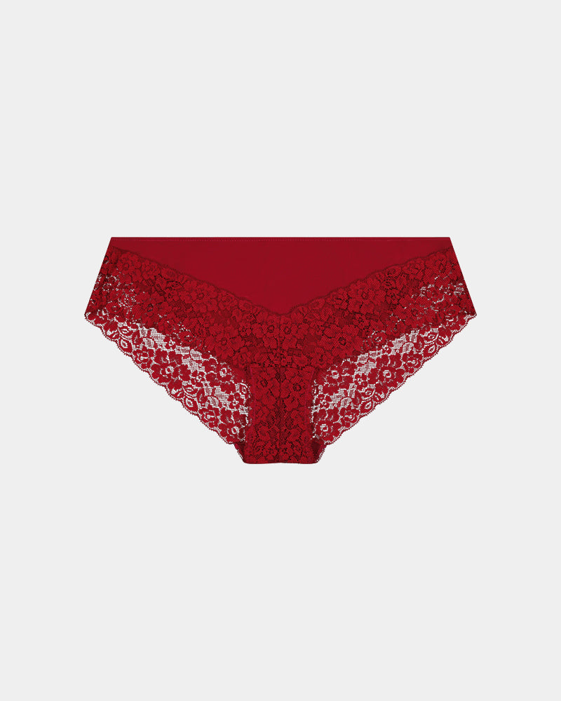 Lace Trim Brazilian in BIKING RED. Flat lay front view