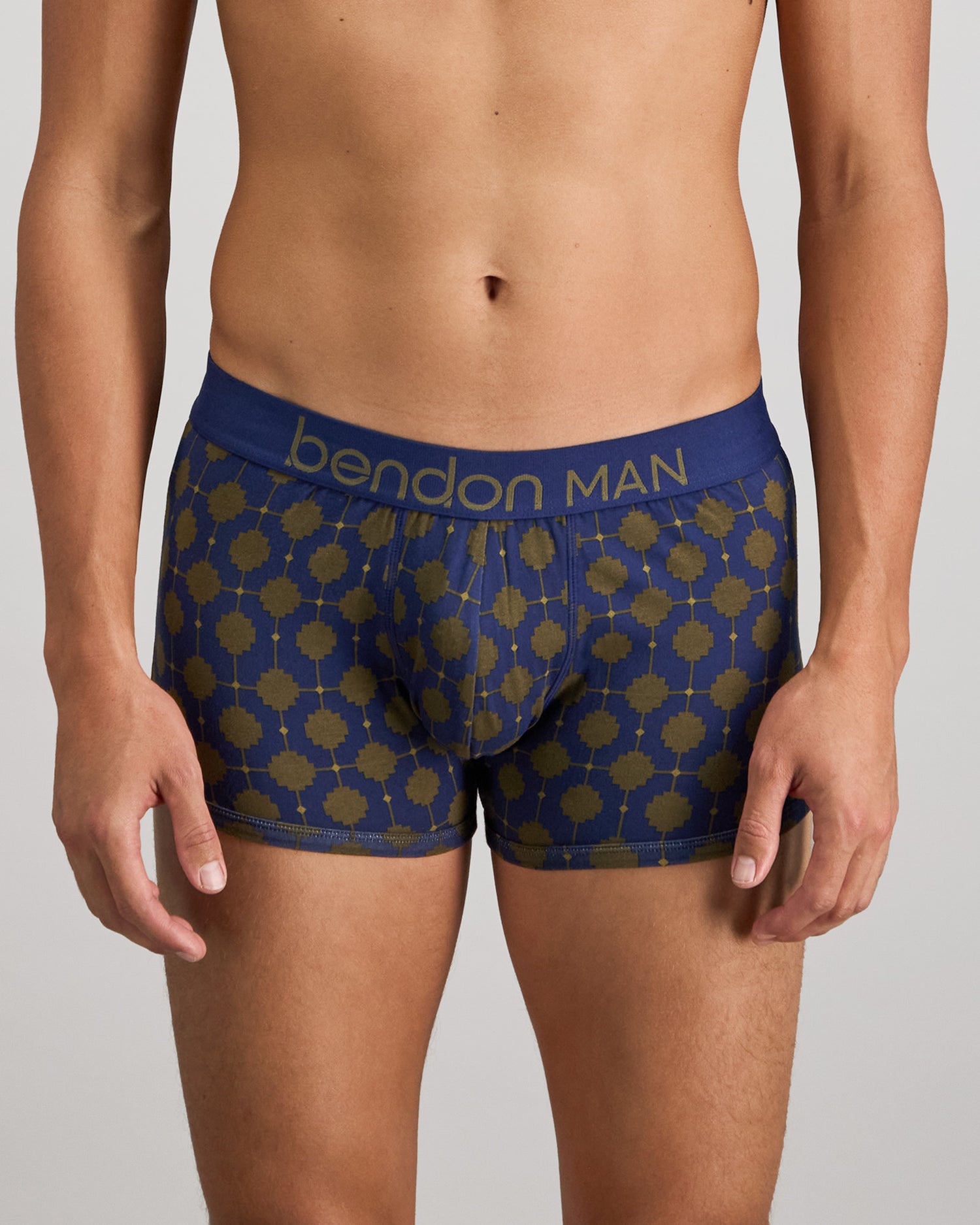 Model wears Retros Print Mens Trunk in IRONCREST PRINT. On body front view
