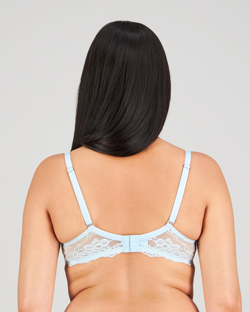 Model wears My Fit Lace Contour Bra in OMPHALODES. On body back view