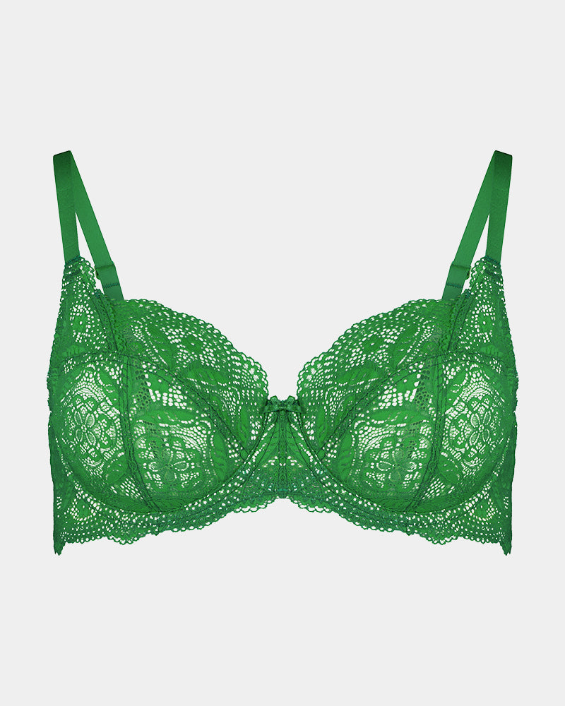 Juniper Underwire Bra in PARADISE GREEN. Flat lay front view
