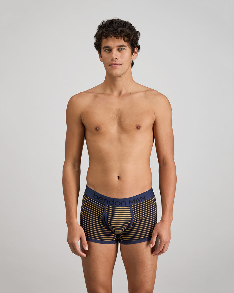 Bold Stripe Mens Trunk in BLACK/OAK BUFF STRIPE. Feature shot