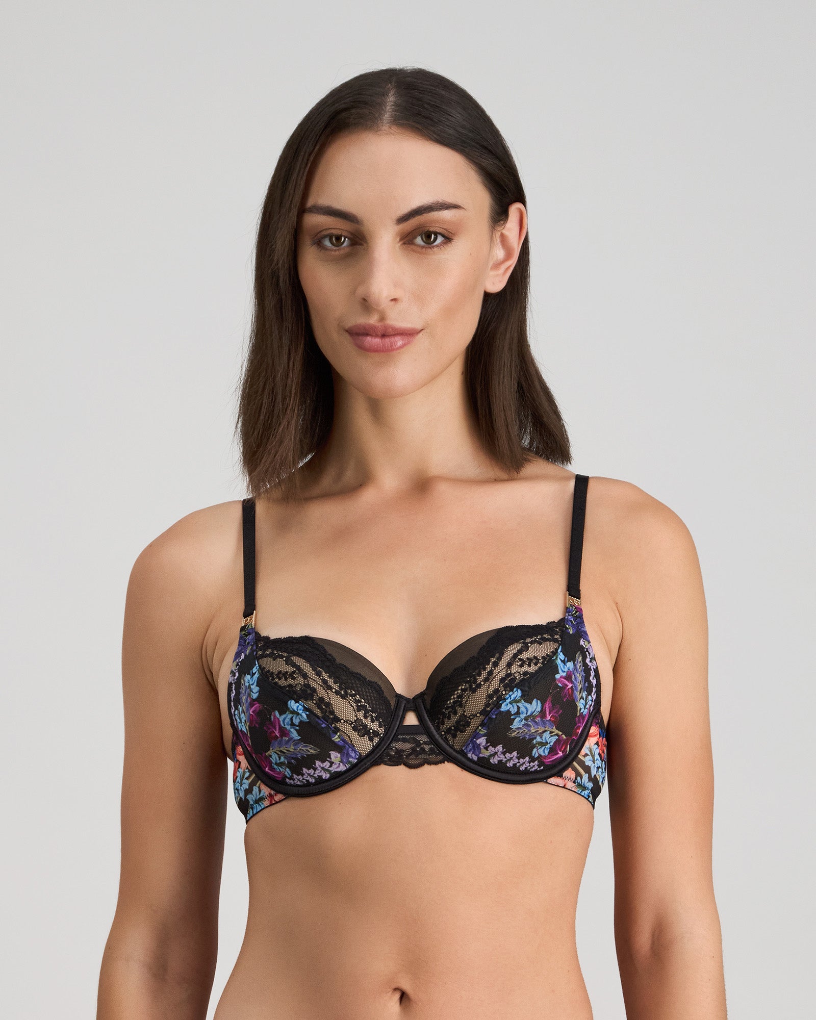 Model wears Adaline Contour Bra in BLACK FLORAL PRINT. On body front view