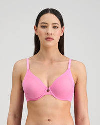 Model wears Lightweight Underwire Bra in BUBBLEGUM PINK. On body front view