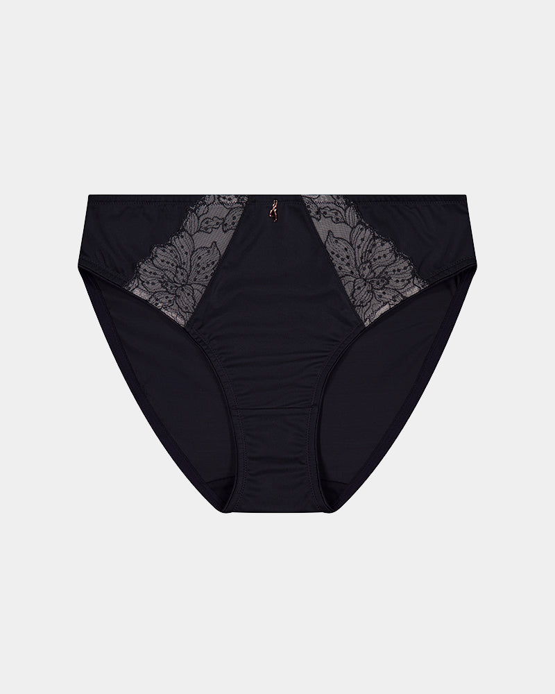 Magnetism High Cut Brief in BLACK/LATTE. Flat lay front view