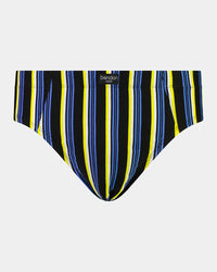 Cotton Stretch Mens Brief in YELLOW/REGATTA STRIPE. Flat lay front view