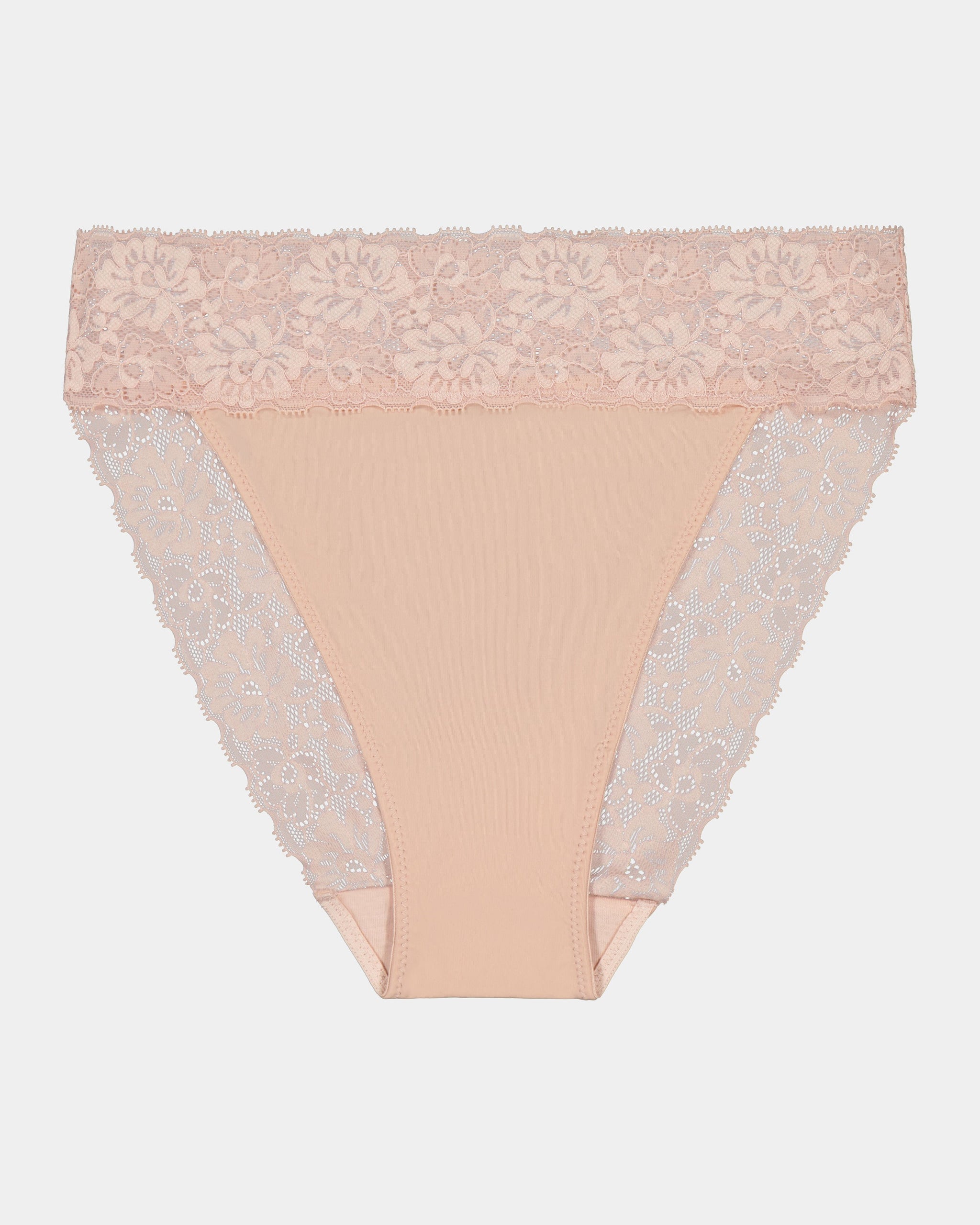 Lace Trim High Cut Brief in LATTE. Flat lay front view