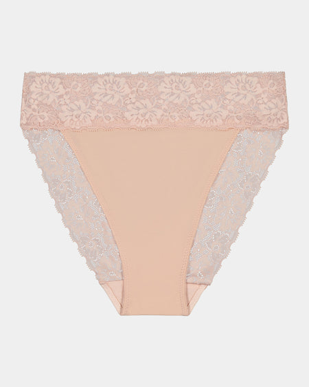 Lace Trim High Cut Brief in LATTE. Flat lay front view