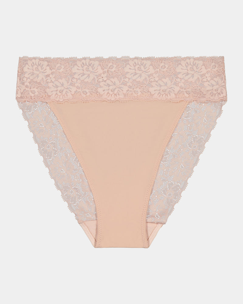 Lace Trim High Cut Brief in LATTE. Flat lay front view