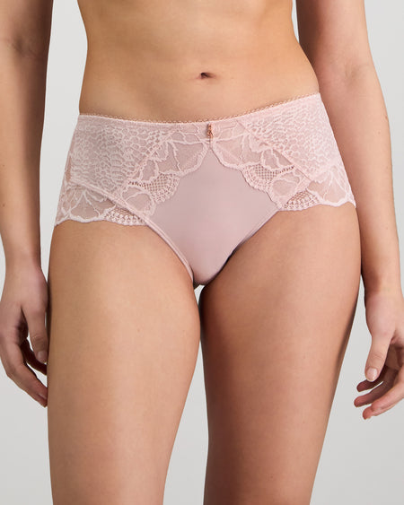 Model wears Midnight Express Full Brief in PALE LILAC. On body front view