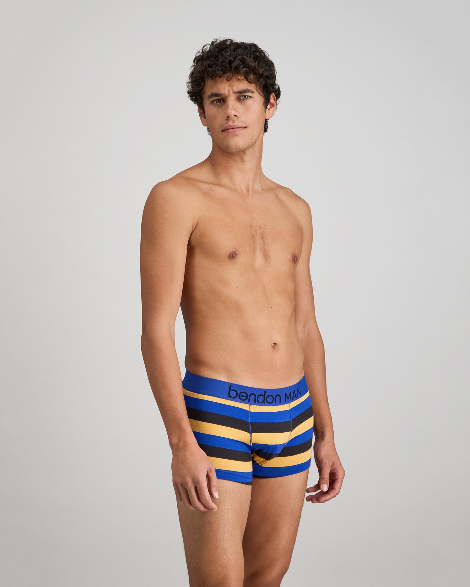 Rugby Stripe Mens Trunk in BLACK/SURF/OAK BUFF. Flat lay back view