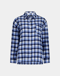 Cosy Flannel Long Sleeve PJ Top in BLUE CHECK. Flat lay front view
