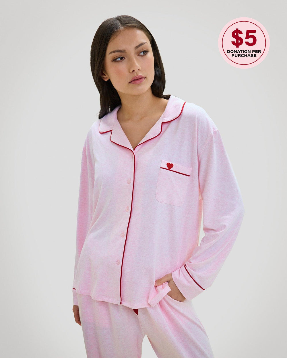 Model wears Dolce Long Pj in PINK MARLE. On body front view
