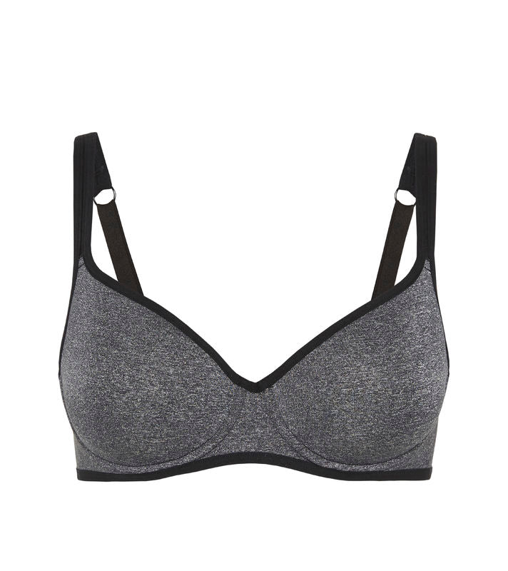 The One Contour Bra in BLACK SILVER MARLE. Flat lay front view