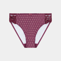 Rose Dot High Cut Brief in GRAPE WINE/ROSE CLOUD. Flat lay front view