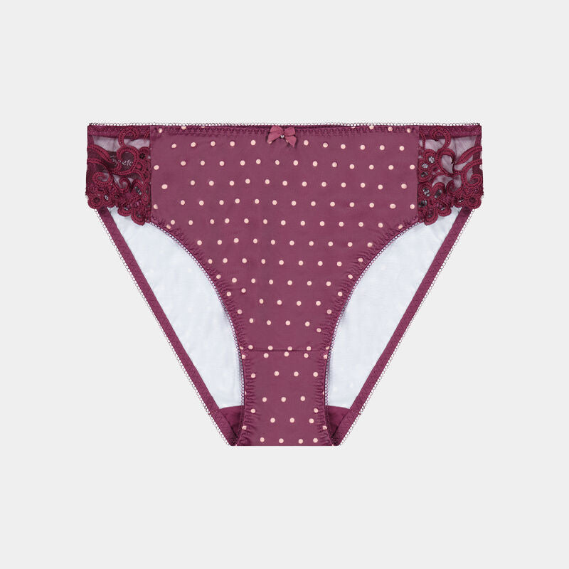 Rose Dot High Cut Brief in GRAPE WINE/ROSE CLOUD. Flat lay front view