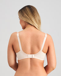 Model wears Coral Twin Pack Underwire Bra in PEARL BLUSH/MEDIEVAL BLUE. On body back view