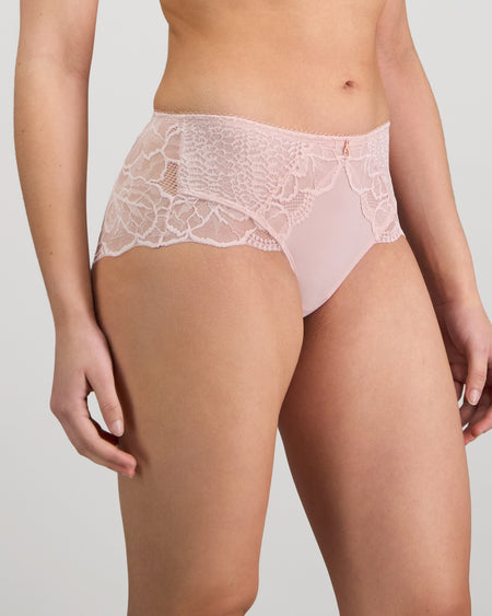 Model wears Midnight Express Full Brief in PALE LILAC. On body side view