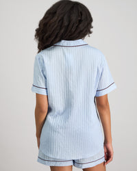 Model wears Whisper Weave Short Pj Set in SKYWAY. On body back view