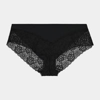 Lace Trim Brazilian in BLACK. Flat lay front view