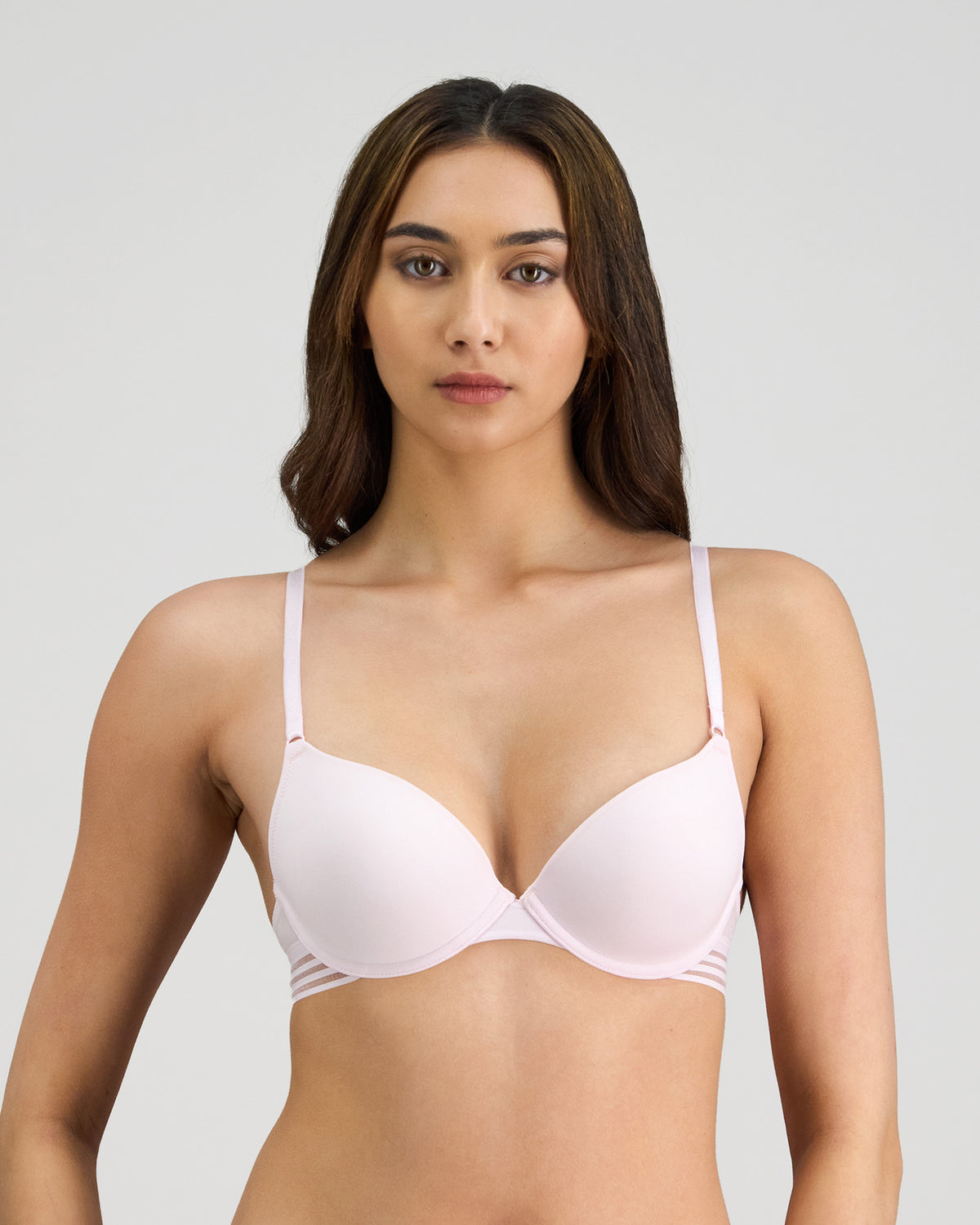 Model wears Stripe Elastic & Papertouch Push Up Bra in FESTIVAL BLOOM. On body front view