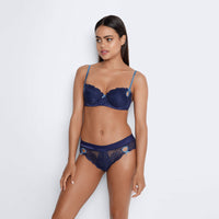 Model wears Zoe Thong in ECLIPSE BLUE/COPEN BLUE. On body front view