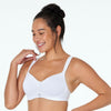 Model wears Active Contour Bra in WHITE. On body side view