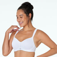 Model wears Active Contour Bra in WHITE. On body side view