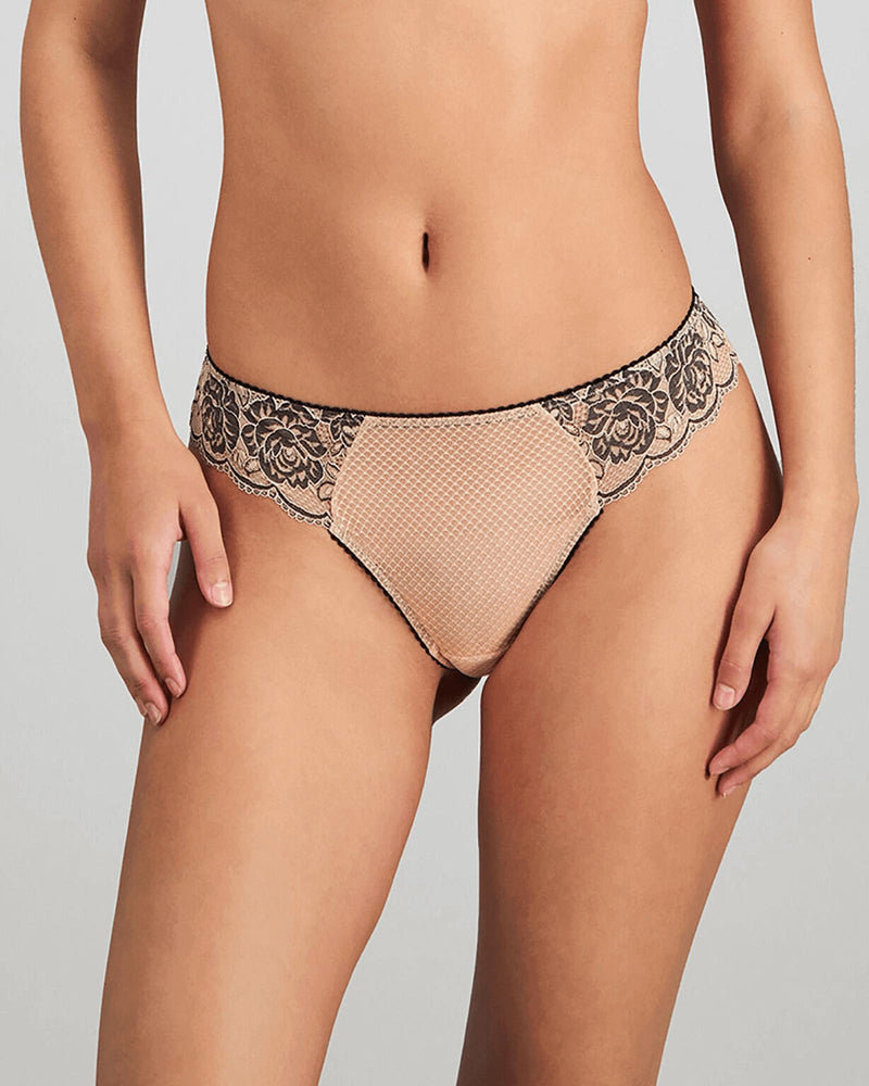 Model wears Everlasting Love Brazilian in CAMEO ROSE / BLACK. On body front view