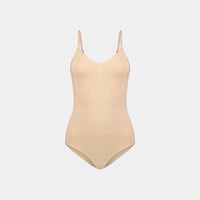 Medium Control Bodysuit in CARAMEL. Flat lay front view