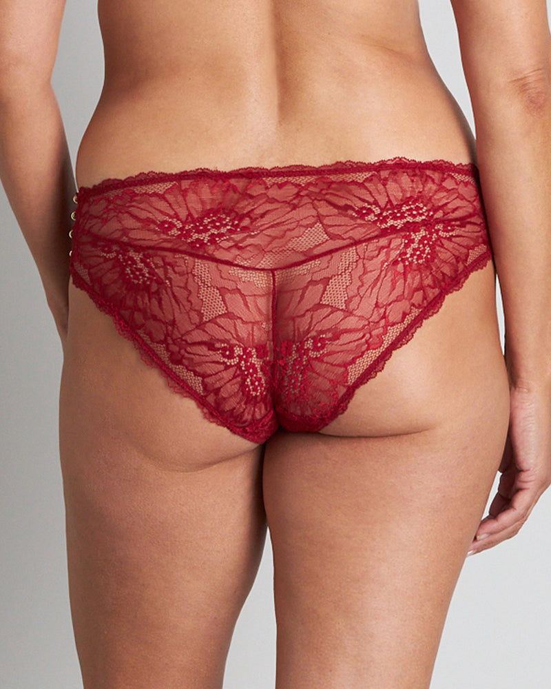 Model wears Fae Brazilian in BIKING RED. On body back view