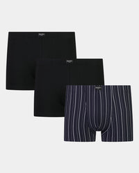 Cotton Stretch Three Pack Mens Trunk 3 Pack in BLACK/NAVY WHITE. Flat lay front view