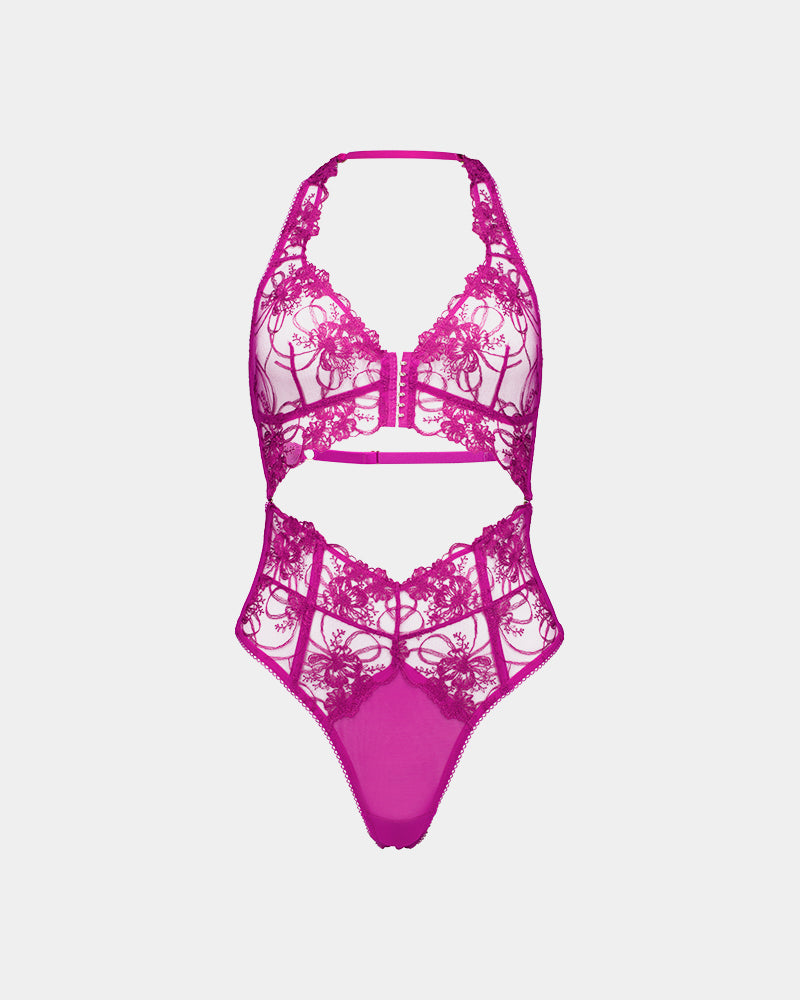 Heritage Bloom Bodysuit in FANTASY FUCHSIA. Flat lay front view