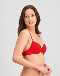 Model wears Stripe Elastic & Papertouch Push Up Bra in SALSA. On body side view