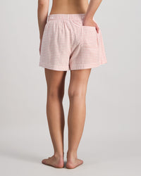 Model wears Cosy Flannel Short in ROSE MINI GINGHAM. On body back view